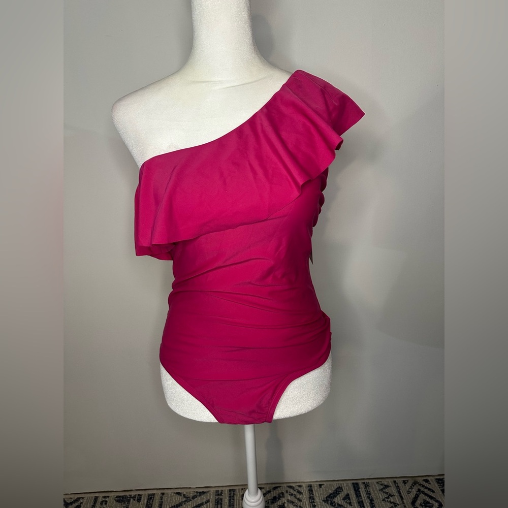 Pink ruffle asymmetrical one piece bathing piece